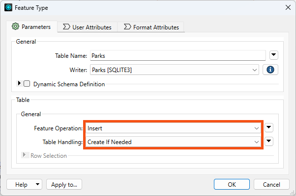 Feature Operation and Table Handling parameters